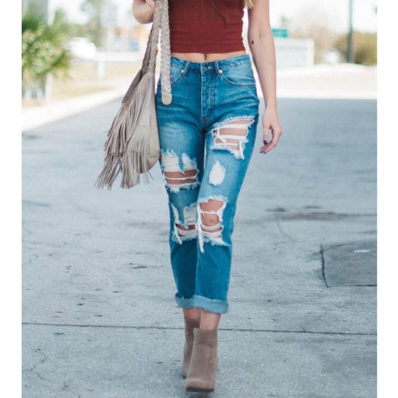 High Waisted Distressed Boyfriend Jeans - Picture 2 of 5